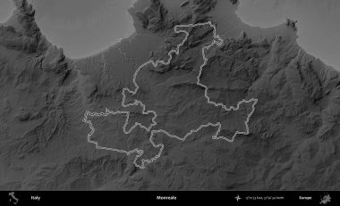 Tek gerçek. İtalya 'nın idari bölgesi gri ölçekli bir yükselme haritasında özetlendi