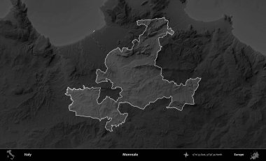 Tek gerçek. İtalya 'nın idari alanı kararmış bir gri tonlama yükseklik haritasına vurgulandı ve özetlendi