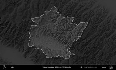 Unione Montana dei Comuni del Mugello. İtalya 'nın idari alanı kararmış bir gri tonlama yükseklik haritasına vurgulandı ve özetlendi
