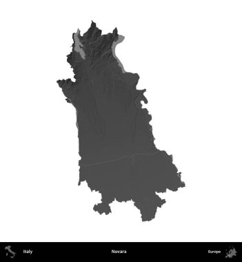 Novara. İtalya 'nın idari bölgesi gri ölçekli yükseklik haritasında beyaza izole edildi