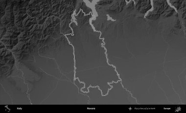 Novara. İtalya 'nın idari bölgesi gri ölçekli bir yükselme haritasında özetlendi