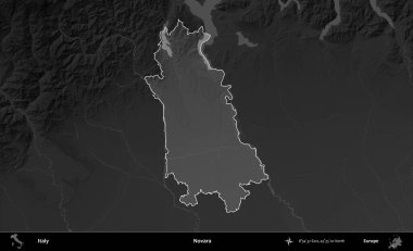 Novara. İtalya 'nın idari alanı kararmış bir gri tonlama yükseklik haritasına vurgulandı ve özetlendi