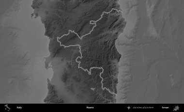 Nuoro. İtalya 'nın idari bölgesi gri ölçekli bir yükselme haritasında özetlendi
