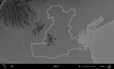 Padova. İtalya 'nın idari bölgesi gri ölçekli bir yükselme haritasında özetlendi