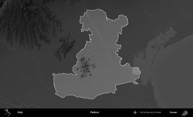 Padova. İtalya 'nın idari alanı kararmış bir gri tonlama yükseklik haritasına vurgulandı ve özetlendi