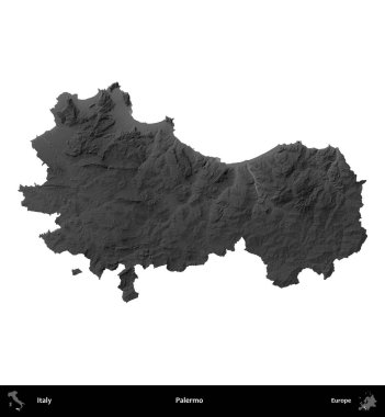 Palermo. İtalya 'nın idari bölgesi gri ölçekli yükseklik haritasında beyaza izole edildi