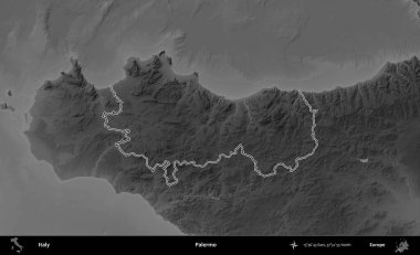 Palermo. İtalya 'nın idari bölgesi gri ölçekli bir yükselme haritasında özetlendi