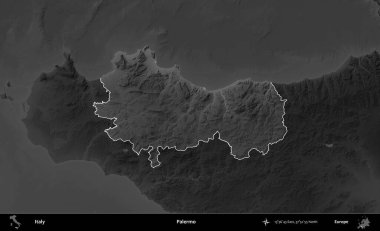 Palermo. İtalya 'nın idari alanı kararmış bir gri tonlama yükseklik haritasına vurgulandı ve özetlendi