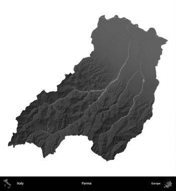 Parma. İtalya 'nın idari bölgesi gri ölçekli yükseklik haritasında beyaza izole edildi
