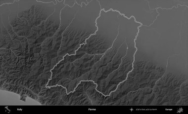 Parma. İtalya 'nın idari bölgesi gri ölçekli bir yükselme haritasında özetlendi