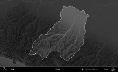 Parma. İtalya 'nın idari alanı kararmış bir gri tonlama yükseklik haritasına vurgulandı ve özetlendi