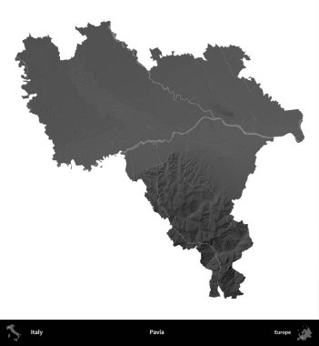 Pavia. İtalya 'nın idari bölgesi gri ölçekli yükseklik haritasında beyaza izole edildi