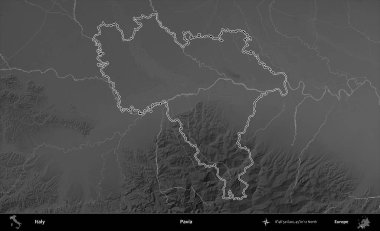 Pavia. İtalya 'nın idari bölgesi gri ölçekli bir yükselme haritasında özetlendi