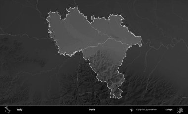 Pavia. İtalya 'nın idari alanı kararmış bir gri tonlama yükseklik haritasına vurgulandı ve özetlendi