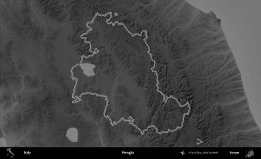 Perugia. İtalya 'nın idari bölgesi gri ölçekli bir yükselme haritasında özetlendi