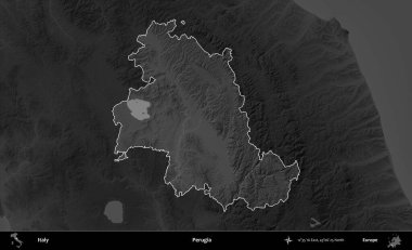 Perugia. İtalya 'nın idari alanı kararmış bir gri tonlama yükseklik haritasına vurgulandı ve özetlendi