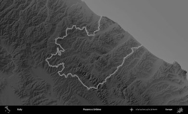 Pesaro ve Urbino. İtalya 'nın idari bölgesi gri ölçekli bir yükselme haritasında özetlendi