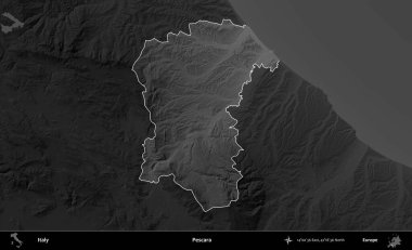 Pescara 'da. İtalya 'nın idari alanı kararmış bir gri tonlama yükseklik haritasına vurgulandı ve özetlendi