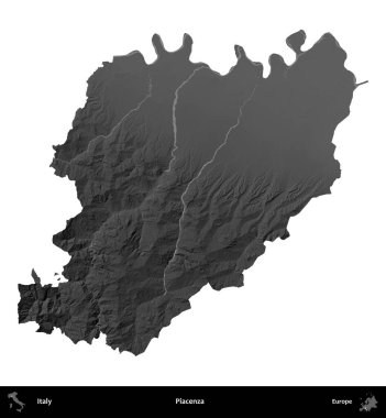 Piacenza 'da. İtalya 'nın idari bölgesi gri ölçekli yükseklik haritasında beyaza izole edildi