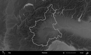 Piemonte. İtalya 'nın idari bölgesi gri ölçekli bir yükselme haritasında özetlendi