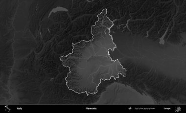 Piemonte. İtalya 'nın idari alanı kararmış bir gri tonlama yükseklik haritasına vurgulandı ve özetlendi