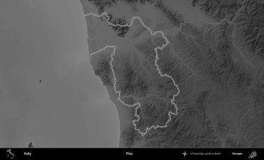 Pisa. İtalya 'nın idari bölgesi gri ölçekli bir yükselme haritasında özetlendi