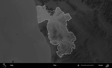 Pisa. İtalya 'nın idari alanı kararmış bir gri tonlama yükseklik haritasına vurgulandı ve özetlendi