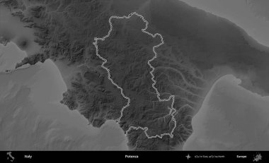 Potenza. İtalya 'nın idari bölgesi gri ölçekli bir yükselme haritasında özetlendi