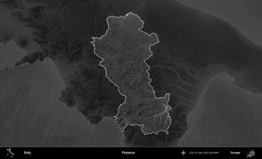 Potenza. İtalya 'nın idari alanı kararmış bir gri tonlama yükseklik haritasına vurgulandı ve özetlendi