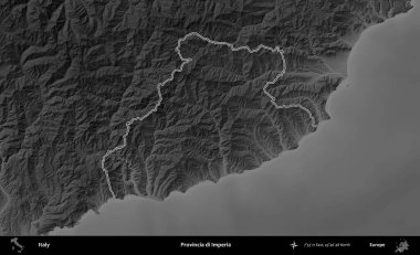 Provincia di Imperia. İtalya 'nın idari bölgesi gri ölçekli bir yükselme haritasında özetlendi