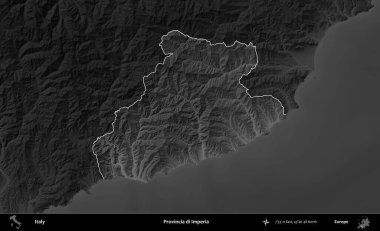 Provincia di Imperia. İtalya 'nın idari alanı kararmış bir gri tonlama yükseklik haritasına vurgulandı ve özetlendi