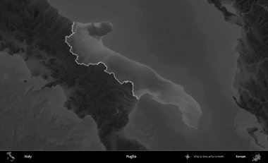 Puglia. İtalya 'nın idari alanı kararmış bir gri tonlama yükseklik haritasına vurgulandı ve özetlendi