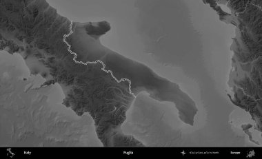 Puglia. İtalya 'nın idari bölgesi gri ölçekli bir yükselme haritasında özetlendi