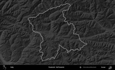 Pustertal - Val Pusteria. İtalya 'nın idari bölgesi gri ölçekli bir yükselme haritasında özetlendi