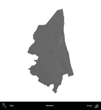Ravenna. İtalya 'nın idari bölgesi gri ölçekli yükseklik haritasında beyaza izole edildi
