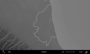 Ravenna. İtalya 'nın idari bölgesi gri ölçekli bir yükselme haritasında özetlendi