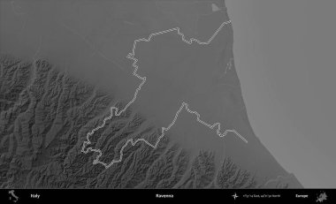 Ravenna. İtalya 'nın idari bölgesi gri ölçekli bir yükselme haritasında özetlendi