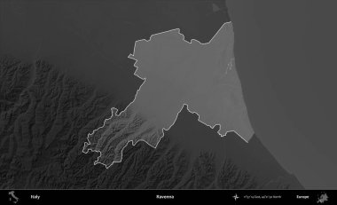 Ravenna. İtalya 'nın idari alanı kararmış bir gri tonlama yükseklik haritasına vurgulandı ve özetlendi
