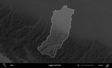 Reggio nell'Emilia. İtalya 'nın idari alanı kararmış bir gri tonlama yükseklik haritasına vurgulandı ve özetlendi