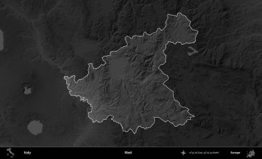 Rieti. İtalya 'nın idari alanı kararmış bir gri tonlama yükseklik haritasına vurgulandı ve özetlendi