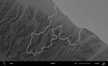 Rimini. İtalya 'nın idari bölgesi gri ölçekli bir yükselme haritasında özetlendi