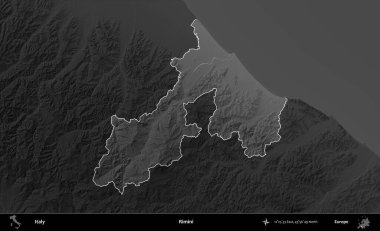 Rimini. İtalya 'nın idari alanı kararmış bir gri tonlama yükseklik haritasına vurgulandı ve özetlendi