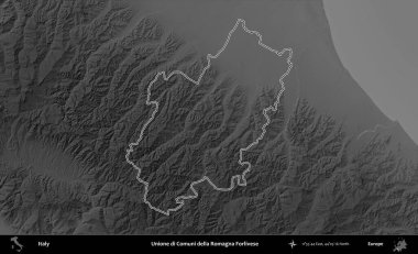Unione di Comuni della Romagna Forlivese. İtalya 'nın idari bölgesi gri ölçekli bir yükselme haritasında özetlendi