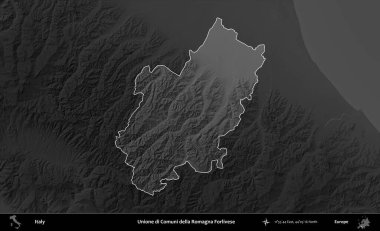 Unione di Comuni della Romagna Forlivese. İtalya 'nın idari alanı kararmış bir gri tonlama yükseklik haritasına vurgulandı ve özetlendi