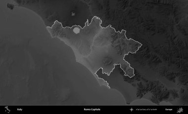 Roma Kaptanı. İtalya 'nın idari alanı kararmış bir gri tonlama yükseklik haritasına vurgulandı ve özetlendi