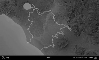 Roma. İtalya 'nın idari bölgesi gri ölçekli bir yükselme haritasında özetlendi