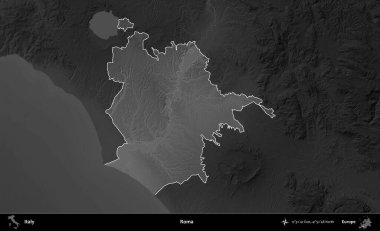 Roma. İtalya 'nın idari alanı kararmış bir gri tonlama yükseklik haritasına vurgulandı ve özetlendi