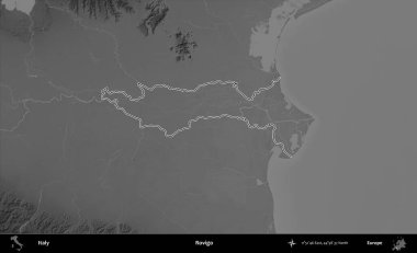 Rovigo. İtalya 'nın idari bölgesi gri ölçekli bir yükselme haritasında özetlendi