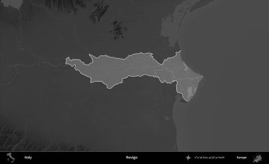Rovigo. İtalya 'nın idari alanı kararmış bir gri tonlama yükseklik haritasına vurgulandı ve özetlendi