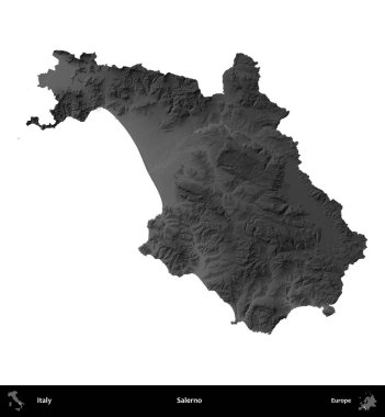 Salerno 'da. İtalya 'nın idari bölgesi gri ölçekli yükseklik haritasında beyaza izole edildi